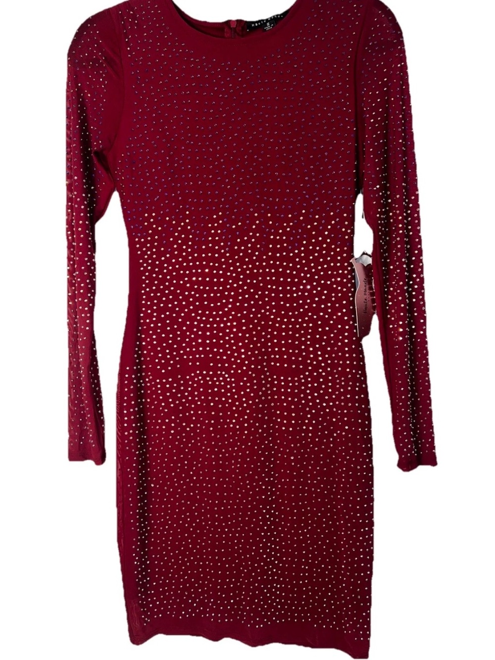 NWTs Haute Monde Burgundy Long-Sleeve Rhinestone Midi Dress size small